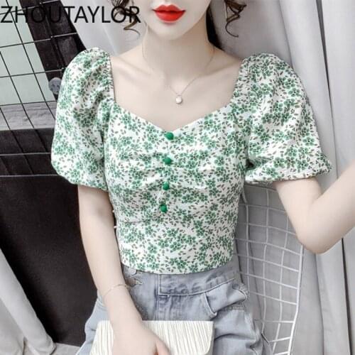 ZHOUTAYLOR Womens Tops Office Lady Butterfly Square Collar Short Shirts Fmme Puff Sleeve Single Breasted Summer Female Blouse