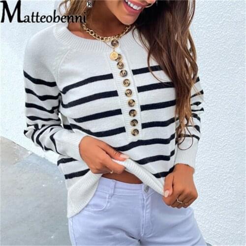 Autumn Winter New Knitwear Women Single-Breasted Stripe Print Pullover Tops Women Sweater Fashion Button Cardigan Ladies Sweater