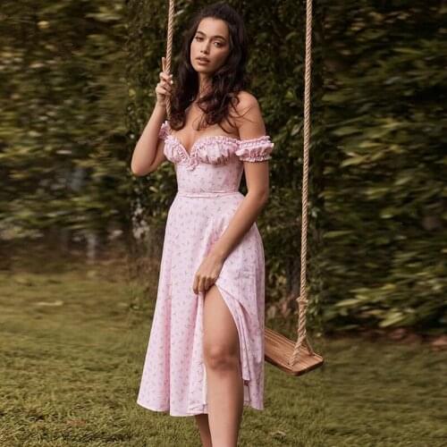 Women Summer Mid Dresses 2021 New Bohemia Romantic Strapless Off Back Sexy Floral Print Pink Dress Slim Split Womens Vestidos