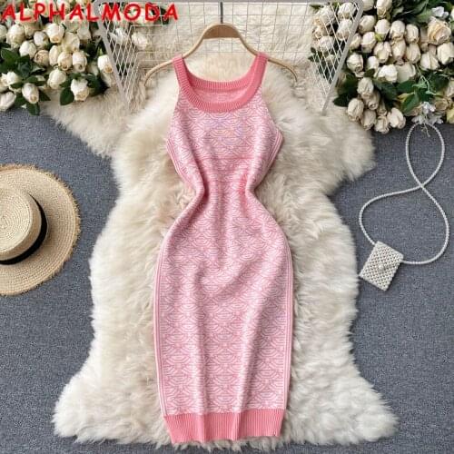 ALPHALMODA 2021 New Halter Neck Trendy Geormetric Pattern Knitted Sleeveless Dress Women Summer Stretchy Pullover Dress