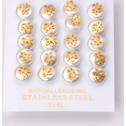 10 Pairs Butterfly Pearl Earrings Wholesale Stainless Steel Anti-allergy Women/Girl Gift Jewelry Accessories Gold Silver Color