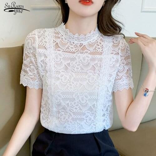 Hollow Out Floral Chiffon Shirt White Short Sleeve Womens Top Summer Fashion Loose Lace Blouse Korean O Neck Shirt Blusas 15211