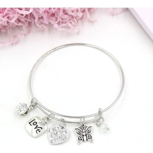 Rhinestone Crystal Heart Charm Bracelets Expandable Wire Banlge Bracelets For Women Gift Pulsera