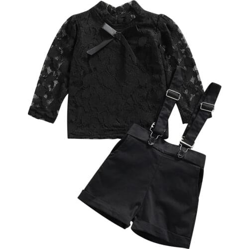 6M-5T Infant Kid Baby Girls 2Pcs Set Clothes Long Sleeve Lace Floral Tops Shirt Overall Shorts Solid Black Spring Autumn Fashion
