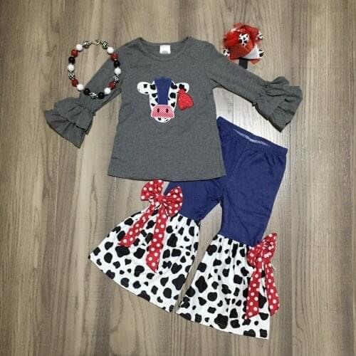 GirlyMax Winter Girls Farm Cow Embroidered grey Raglan Milk Cow Bell Bottom Pants Outfits with Bow and Necklace