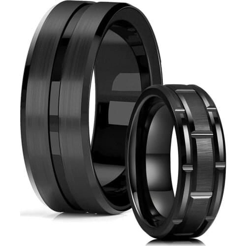 Mens Classic Black Stainless Steel Wedding Rings Double Groove Beveled Edge Brick Pattern Pattern Ring For Men Anniversary Gift