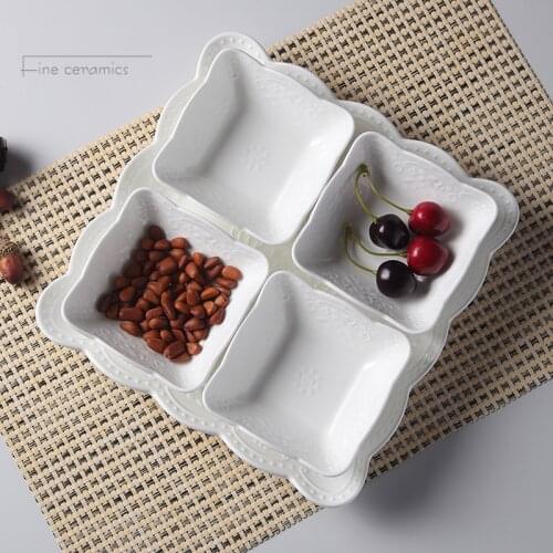 5pcs set, plain white embossed porcelain serving dessert plate, serving dish snack, cake plate set, vintage trinket dish bowl