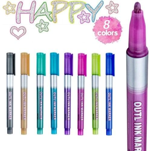 8PCS Double Line Outline Metallic Markers Shimmer Paint Pens Set For Kids Adults DRAWING Art Signature Coloring Journal
