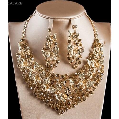 Vintage Dubai Gold Jewelry Sets Women Big Necklace Earring Set Indian Jewellery F1089 Rhinestone Party Jewels 2 Colors CACARE