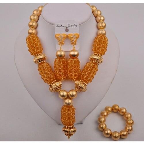 Nigerian Wedding Bridal Set Champagne Gold Crystal Beads African Necklace Jewelry Set Free Shipping