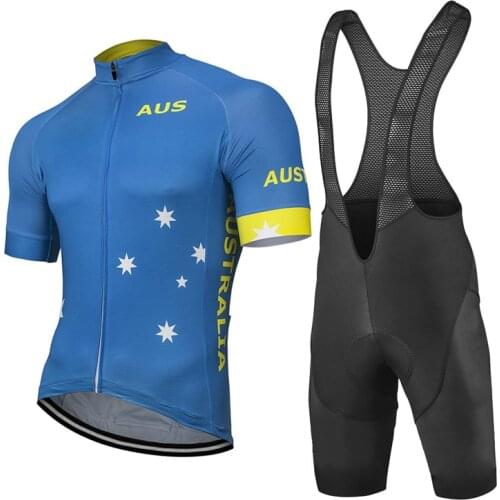 New Australia Summer Blue Pro Bicycle Team Short Sleeve Mens Bib Gel Cycling Jersey Sets Breathable Wear MTB Bike Road Clothing