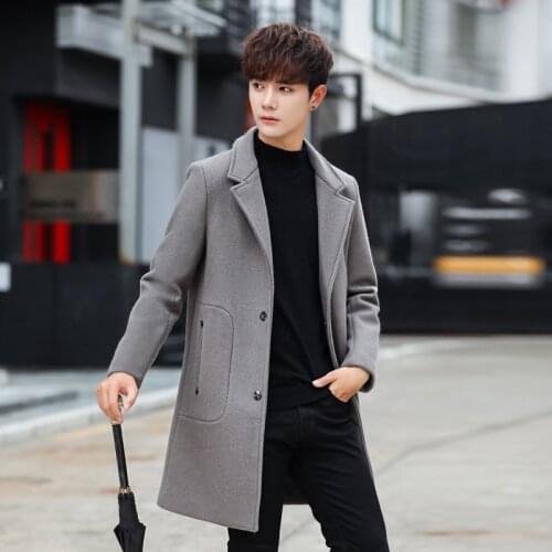 Mens Korean Coat Long Woolen Coat Man Jacket Black Single Breasted Mens Coats Overcoats Abrigo Hombre Invierno KJ256 s