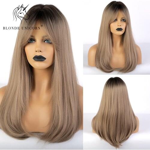 Blonde Unicorn Natural Wave Synthetic Wigs with Bangs Dark Root Ombre Brown Wigs for Black Women Party Wig Heat Resistant Fiber