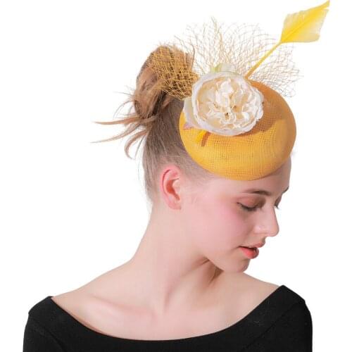 Elegant Fancy Floral Pillbox Hat Yellow Color Fascinators For Women Veils Married Bridal Party Hat Chapeau Tea Hair Accessories