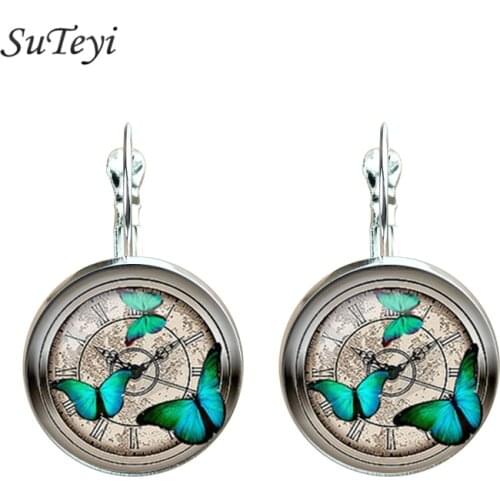 SUTEYI Butterfly earrings glass cabochon pendant lifelike butterfly art picture stud earings women jewelry wholesale