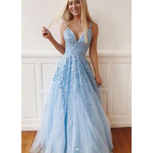 Light Blue Prom Dresses 2020 A Line V Neck Open Back Lace Tulle Floor Length Long Prom Gowns Elegant Evening Party Dress