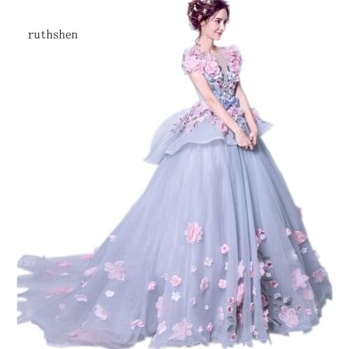 Ruthshen Luxury Evening Dresses 2020 3D Floral Ruffles Sexy Formal Prom Gowns With Short Sleeves Speicial Occasion Dresses
