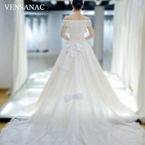 VENSANAC 2018 Sequined V Neck Ball Gown Lace Wedding Dresses Vintage Short Sleeve Bow Court Train Bridal Gowns