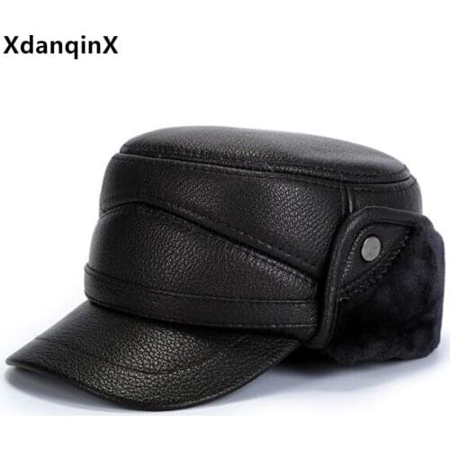 XdanqinX Winter Mens Warm Hat Genuine Leather Cap Army Military Hats Thick Thermal Sheepskin Leather Hat Men Flat Caps Dad Hat