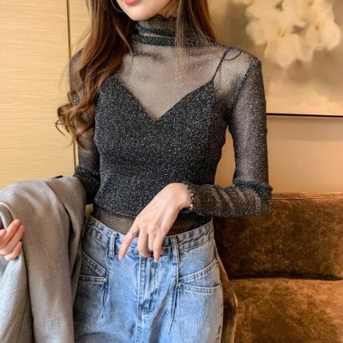 2021 women fashion clothing perspective Long sleeve female summer lace mesh sexy long shirts summerWomen Tops