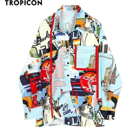 TROPICON Designer Spring 2021 Cartoon Graffiti Print Long Sleeve Button Up Collar Shirt Women Blue Colorblock Shirt Fashion Top