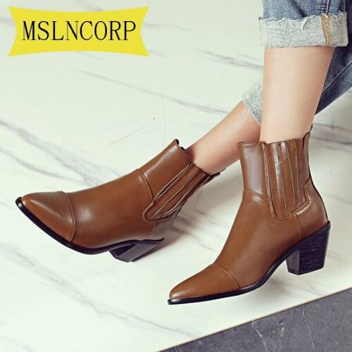Plus Size 34-46 Women Boots Winter Autumn Girls Heel High Boot Fashion Knitting Patchwork Shoes Women PU Leather Ankle Boots New