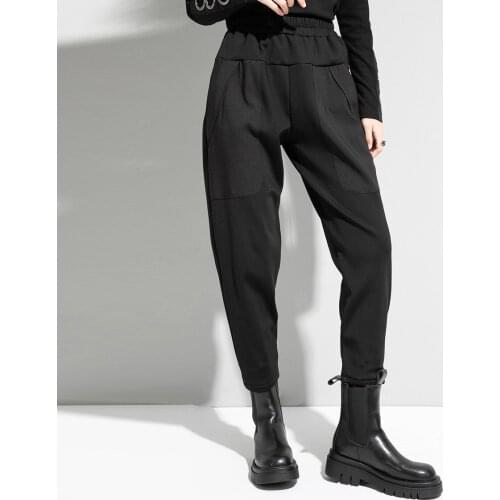 Johnature New Women Full Length Thicken Pants 2021 Winter Casual Elastic Waist Loose Pockets Female Harem Pants