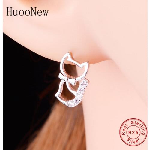 100% 925 Sterling Silver Animal Cat Mix Crystal Stud Earrings Brincos For Women Girl Boucle D'oreille Piercing Kittens 2020 NEW