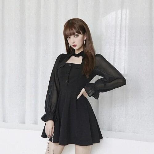 Lady Mesh Spliced Long Flare Sleeve Button Mini Dresses Empire Casual Streetwear Women Black Gothic Cool Hollow Slim Dress 2021