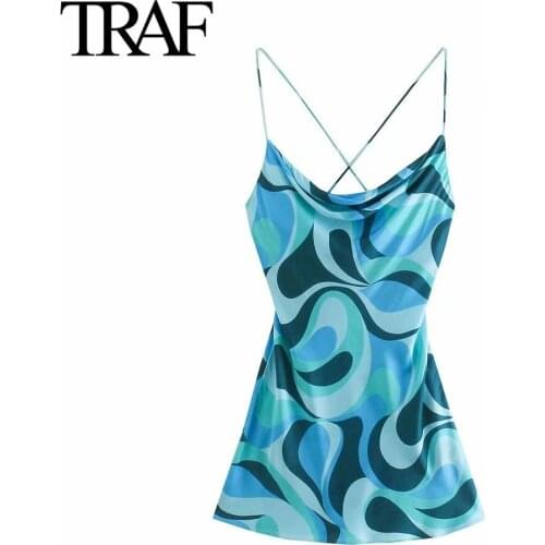 Traf Za Women Clothing Pile Collar Sleeveless Dress Sexy Summer Print Mini Dress Prom Short Vestido Feminino