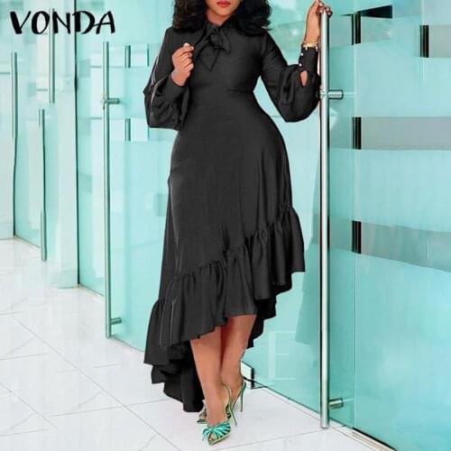 Office Ladie Dress 2021 VONDA Women Sexy Bow Nec Lantern Sleeve Asymmetric Party Midi Dress Casual Vestido Plus Size Robe Femme