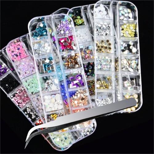 12 Grids+Tweezers Crystal Rhinestone 3D Flash Jewelry Glass Diamond Gem Nail Art Decoration