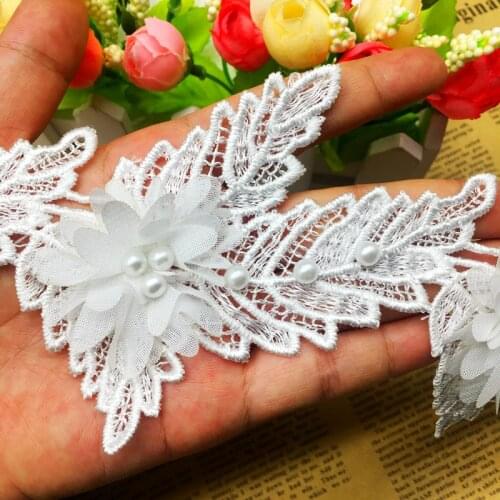 5x White Leaf Flower Pearl Lace Trim African Fabric Wedding Dress Bridal Ribbon Embroidered Patch Applique Sewing DIY Craft