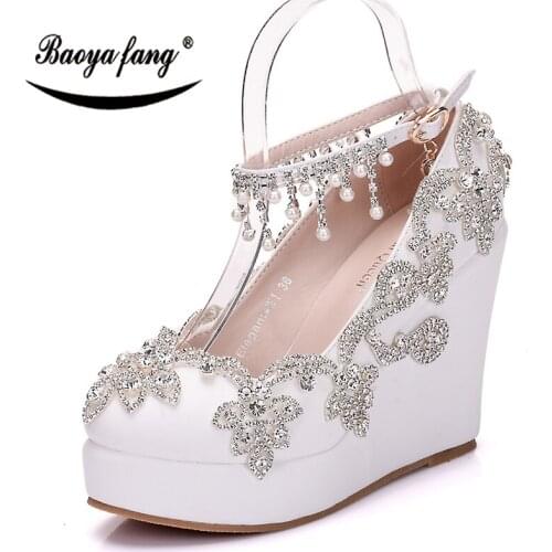 BaoYaFang Fashion High Wedges Women Party dress shoes Ladies wedding shoes Silver crystal Female Ankle strap shoes