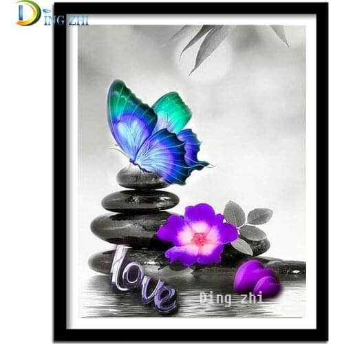 Black And White Diamond Painting 5D Square Drill Butterflies, SPA Zen Stone,Purple Flowers Diamond Round Embroidery Cross Stitch