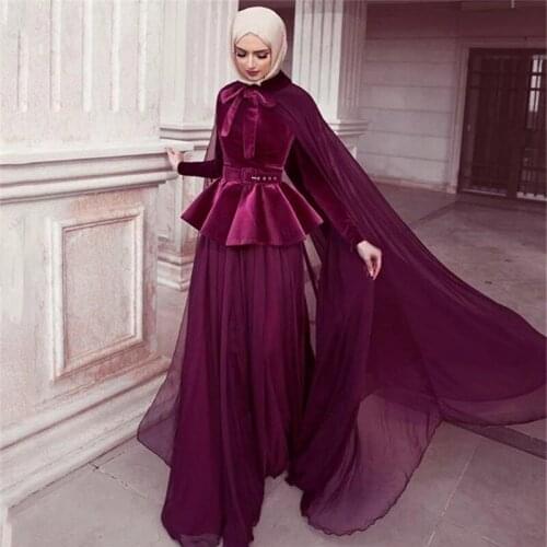 Purple Moroccan Kaftan Caftan Muslim Evening Dresses A-line Chiffon Velvet Dubai Arabic Turkey Abaya Islamic Evening Gown