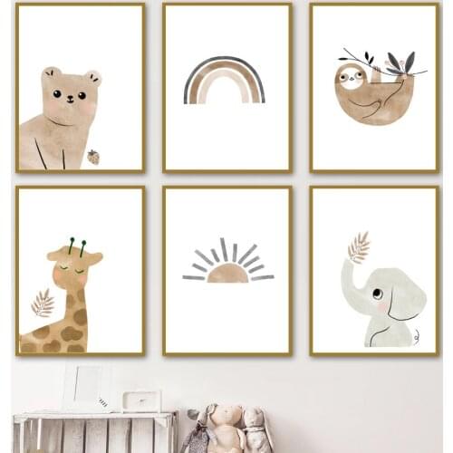 Canvas Painting Nordic Posters And Prints Bear Elephant Giraffe Sloth Sun Rainbow Wall Art Cartoon Pictures Kids Room Decor