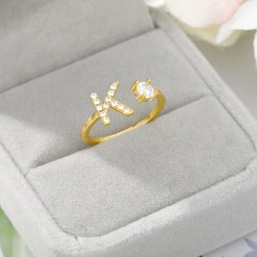 A-Z Letter Initial Name Alphabet Ring Adjustable Opening Gold Color Stainless Steel Iced Out CZ Rings Female Party Jewelry Gift