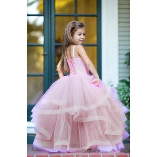 Lovely Pink Flower Girl Dresses Thin shoulder strap Gown Cascading Appliques Tulle Gowns Girls First Communion Dresses