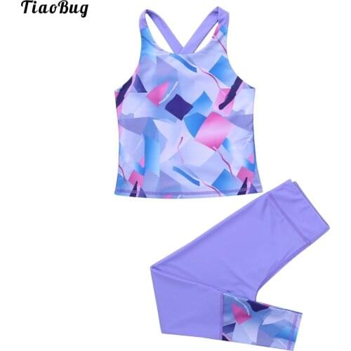 TiaoBug Summer Kids Girls Floral Printed Sportwear Outfit Tank Top With Pants Leggings Sets For Yoga Fitness Gym Running