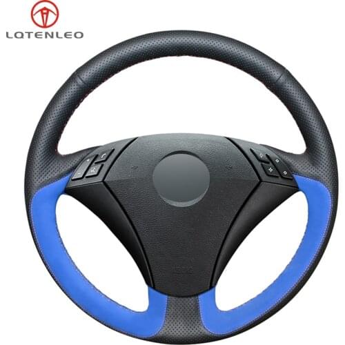 LQTENLEO DIY Car Steering Wheel Cover Black Leather Blue Suede For BMW E60 E61 520i 520li 523 523li 525 525i 530 530i 535 545i