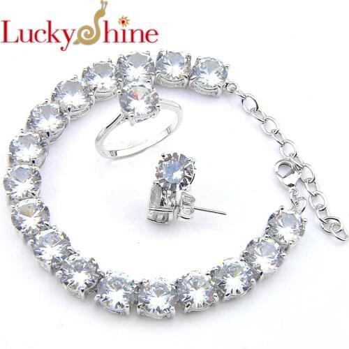 Luckyshine Wedding Jewelry Sets for Women Round White Cubic Zirconia Silver Rings Earrings&Bracelets Jewelry Sets
