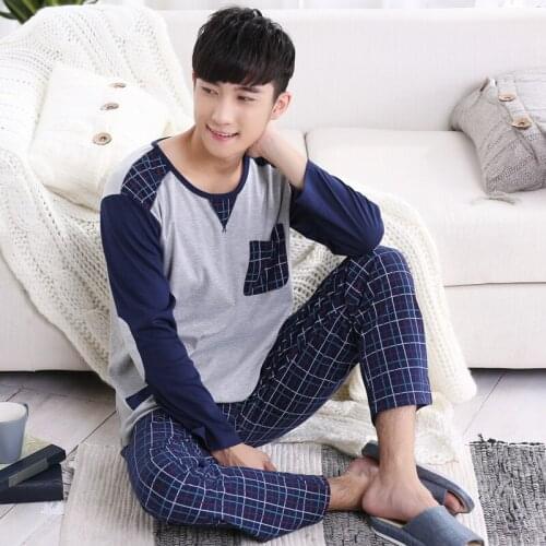 2021 no brand fashion men shipping cloth 100%cotton o-neck collar long grey coat and blue plaid pant