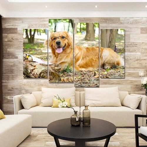Home Decor Wall Art Pictures 4 Pieces Dog with Glasses Canvas Painting for Living Room Hd Printing Modular Animals Posters