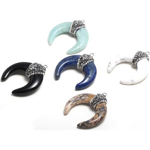 Natural Stone Horn Shape Lapis Lazuli Black Agats Pendants for Jewelry Making DIY Necklace Size 35x40mm