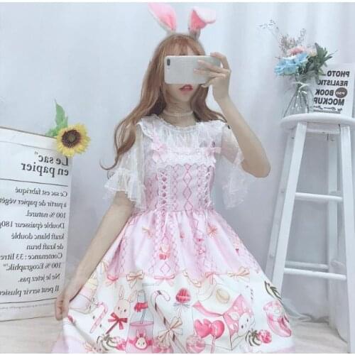 Lolita Summer Leisure New Japanese Kawaii Design Toffee Rabbit Cute Printing Waist Lolita JSK Suspender Dress