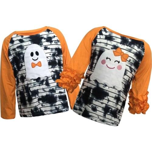 Girlymax Fall Halloween orange grey tie dye skull ghost cotton top long sleeve t-shirt baby boys raglans boutique kidswear