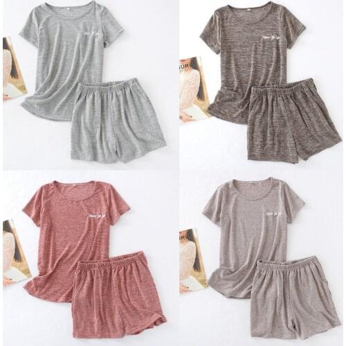 New Pajamas Set Summer Short Sleeve Top+shorts Solid Color Sleepwear Comfort Soft Round Neck Casual Wear Women Loose Homewear