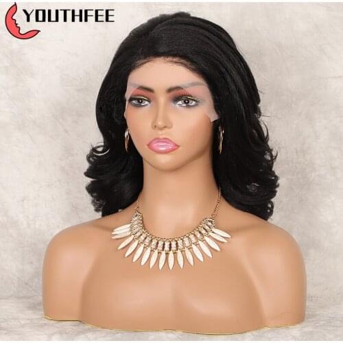 Youthfee Body Wave Lace Front Synthetic Wigs With Baby Hair 14" Straight With Wave Curls Wig For Women Lace Frontal Wigs