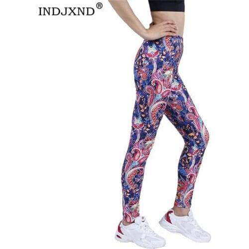 INDJXND Workout Solid Leggings Women Fitness Push Up Gym High Waist Sports Casual Cashew Flowers Ankle-Length S-XXL Sportswear